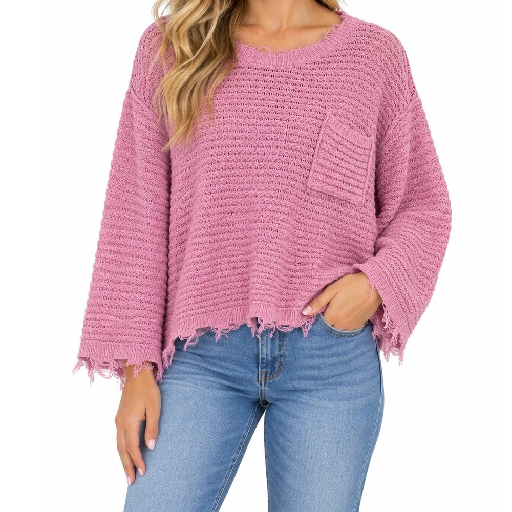 Mittoshop Sweater Womens M/L Pink Distressed Boho Casual Knit Pocket Pullover